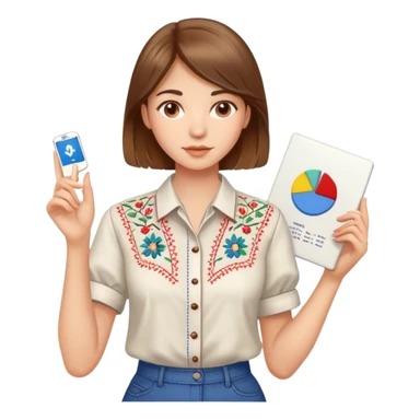 A Ukrainian girl with brown hair in an embroidered shirt holds a diagram in her hand sticker