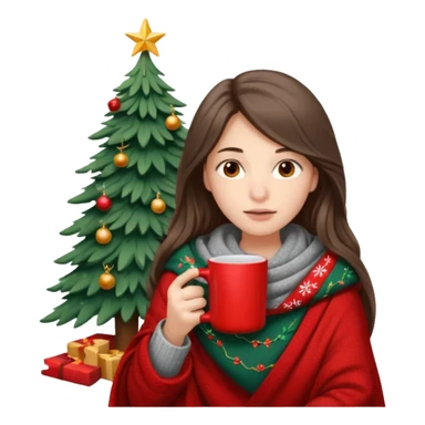 Brown eyes, fair skin, hooked nose, full lips, long hair down to her shoulders, wrapped in a gray blanket, drinking from a red mug with a Christmas tree sticker