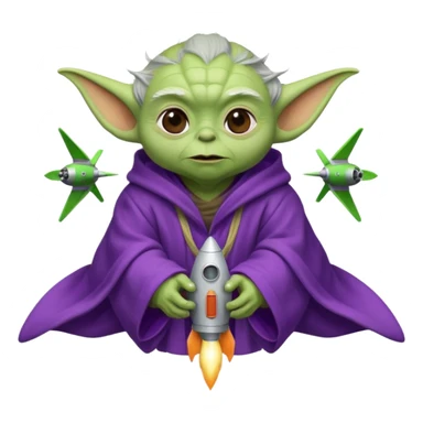 yoda in a purple robe flying in a rocket sticker