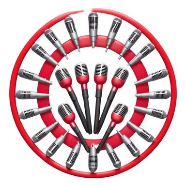 Create a vibrant and dynamic emoji that represents choral vocal performance. The design should feature 10 vintage stage microphones arranged in a semi-circle on a concert stage, symbolizing a vocal group or choir. Add musical notes flowing around the microphones to represent harmony and unity in the performance. Include concert lighting and a celebratory atmosphere to convey the excitement of live music. Use bright, bold colors like red, gold, and silver to emphasize the energy and glamour of the stage. The background should be transparent. sticker