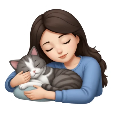 Brunette girl  sleeping with grey white  cat sticker