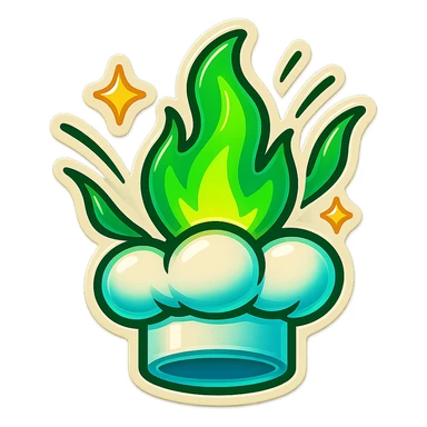 chef's hat explode with trails of fires, emoji, playful, magic flame green gradient, vibrant, flame matching style reference file sticker