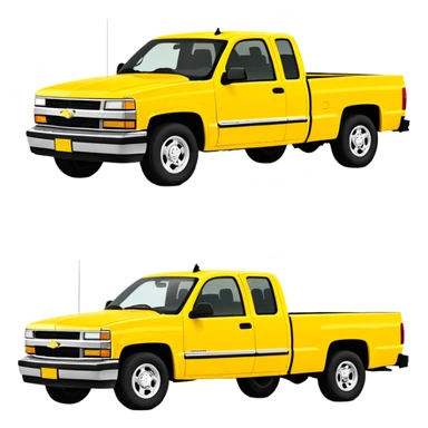 Iconic yellow 1997 Chevrolet C-2500 Crew Cab Silverado from Tarantino's Kill Bill, 30-degree perspective showing front and side, vibrant yellow paint job, minimalist style, iOS emoji sticker