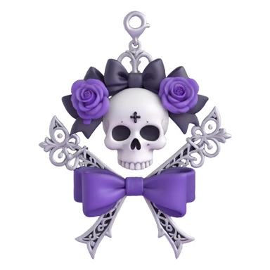 gothic bow with black velvet, silver skull charm, purple rose center, and tiny silver cross pendant, ornate and dark sticker