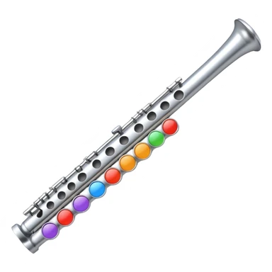 cartoon-style metal flute with buttons, mouthpiece visible, playful and colorful, emoji-like sticker