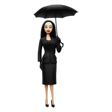 Morticia Addams at a rainy funeral holding umbrella. funeral mask,gloves, small purse.Gal on the Go Barbie  sticker