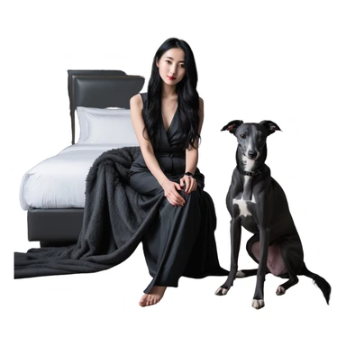 Very thin Chinese woman with long black hair relaxing in a luxurious hotel suite with exactly ONE whippet dog. EXTREME IMPORTANCE: the whippet must be ONE SOLID VERY DARK CHARCOAL GREY COLOR from nose to tail with ABSOLUTELY NO WHITE MARKINGS anywhere - NO white on face, NO white on muzzle, NO white on chest, NO white on paws, NO white on tail - NOTHING BUT A SINGLE SHADE OF VERY DARK GREY throughout the entire animal sticker