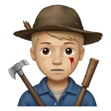 13 y/o Brian robeson at the beginning of Hatchet
distressed, has hatchet, small scratches on face, no blood on hatchet sticker