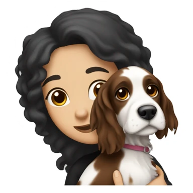 A white woman that has long black hair and phony brown eyes, hugging a white and brown springer spaniel dog  sticker