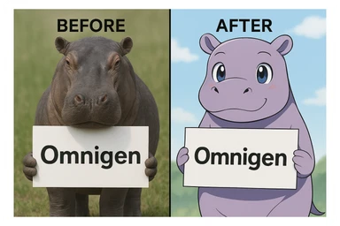 two hippo holding sign of omnigen, half picture 1 hippo is realistic another half is the anime of that same second hippo, with before after mark sticker