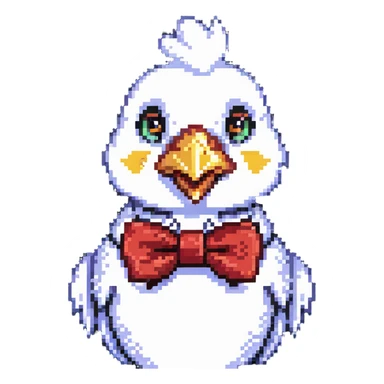 A pixel art chicken with a funny face wearing a bowtie sticker