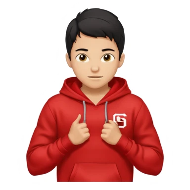 make me an emoji of an americain 19 yearold boy in a red hoodie that says "south" on it and give him with tan skin with his hands in his hands in his pocket wth a small smile flexing his muscles with his hood on sticker