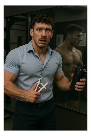 a fit man in his 30s stands in front of a gym mirror, flexing his muscles with a concerned expression. In one hand, he holds a caliper measuring his body fat, while in the other, a protein shaker. Reflected in the mirror, his muscular physique appears slightly faded around the edges, symbolizing his fear of losing muscle. The background shows gym equipment and nutrition charts, emphasizing his focus on definition. sticker