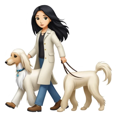 A girl with long black hair walks a white Afghan hound sticker