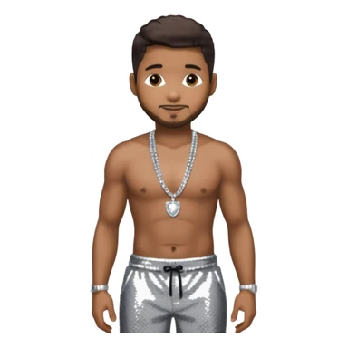 Usher with dark brown hair, black sequin baggy pants, shirtless with necklace sticker