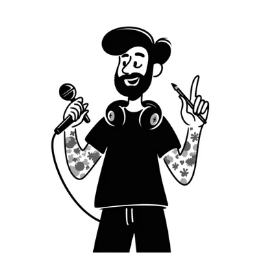 pop musician with stylish short beard, sleeve tattoos, headphones around neck, enthusiastic smile, gripping microphone with left hand and pencil with right hand sticker