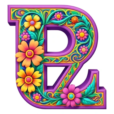 3D, gothic style psychedelic colored Letter Z with hippie style flower border sticker
