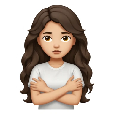 Hispanic light tan girl with long dark wavy hair crossing her arms under arm pit and slightly pouting sticker