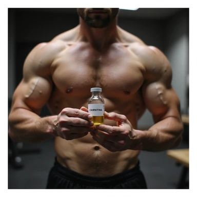 muscular bodybuilder, hyperrealistic photographic style, showing a vial labeled 'CARNITINA' sticker