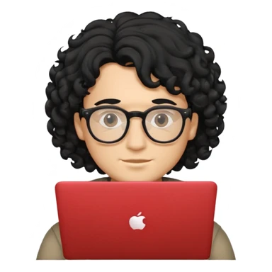 guy with wavy kinda curly black hair and light-to-medium skin tone like latino, half white and brown and glasses, with a macbook sticker