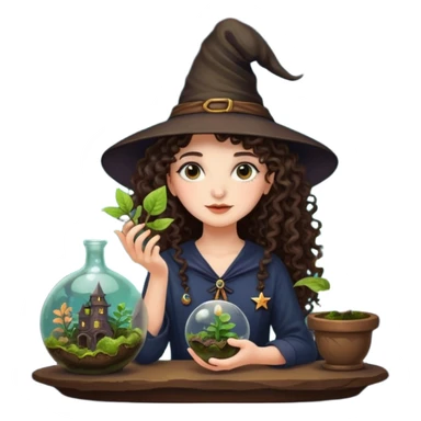 A long curly haired brunette girl with a moon, witch hat, holding a plant terrarium sticker
