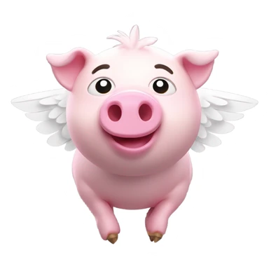 Emoji of a flying pig. Pink body with round belly. Large, exaggerated white wings. Soft feather details. Cute. Enlarged head in cartoon style. Head turned towards viewer. 3d lighting. No cast shadows  sticker