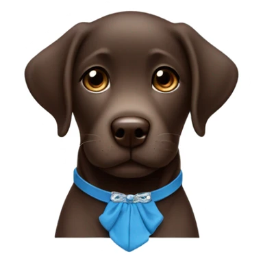 Rich Chocolate Labrador puppy with small white fur on chest and cute blue collar sticker