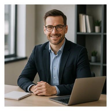 A 35-year-old male business coach sitting at a desk with a laptop, professional and modern style sticker