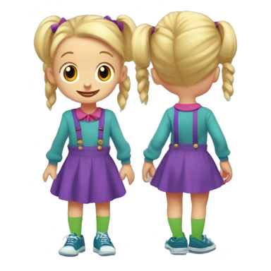 A little blonde girl with pigtails and little purple bows wearing a red long-sleeved shirt and purple overalls skirt with blue tights with green polka dots and purple sneakers, full body, rugrats sticker