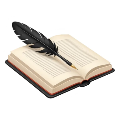 Minimalistic flat vector icon, iOS style, thin black contour on white background. Open book with a feather pen. Clean, no text, no shadows. sticker