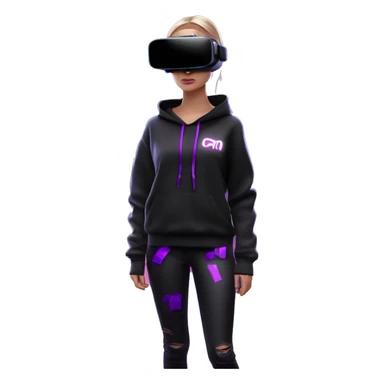 Russian girl wearing black hoody with violet letters "OMG", in vr headset oculus quest2. Standing like jedi. Cyberpunk style. Violet neon. sticker