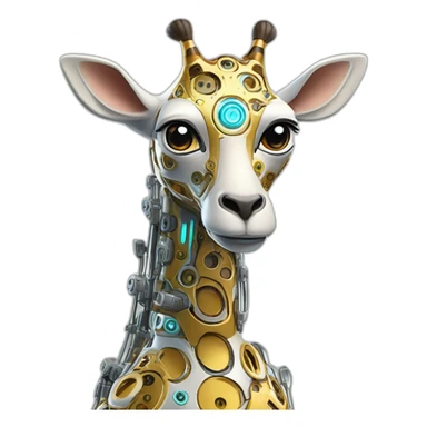 Una girafa robotica con patrones de circuitos brillantes en su piel, piernas con juntas móviles y piezas de metal relucientes sticker