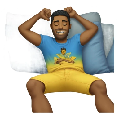 A person lying on a sofa, legs crossed with hands behind the head, relaxing in a cozy setting, yellow skin, Ed Hardy t-shirt, blue jeans sticker