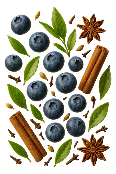 mirtilli, thè verde, spezie, fluttuano in aria, iperrealistico 4k sticker