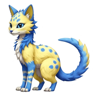 Kawaii yellow and blue beautiful pretty elegant divine edgy fantasy feline-vernid-sergal-fursona animal creature with a tufted tail full body with intricate markings  sticker