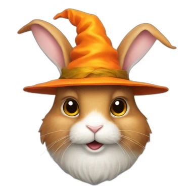 portrait of a rabbit wizard, with an orange hat sticker