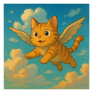 flying cat with expressive eyes in a dreamy sky background in ghibli style sticker