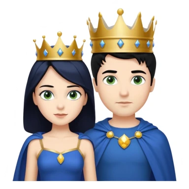 Prince with crown, blue cape and trousers, body and legs, black hair, blue eyes, woman blonde hair, green eyes, sexy white short sleveless dress,  sticker