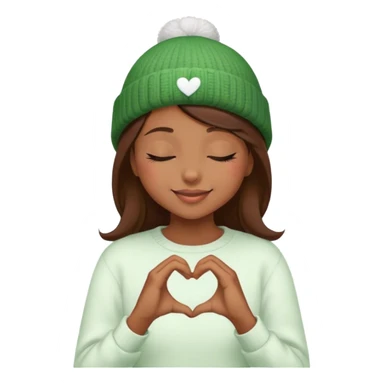 hugging face peaceful brown hair girl closed eyes stylish in a green beanie hat in white sweater smiling making heart from her hands  sticker