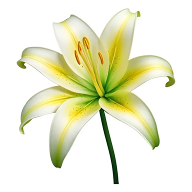 Cinematic Realistic Lily Emoji, Elegant and fragrant, with soft, white petals curling delicately around a golden-yellow stamen at its center. The long, slender green stem stands tall, supporting the vibrant bloom with its slightly curled tips. Soft glowing outline, capturing the essence of purity, elegance, and grace in a striking lily. sticker