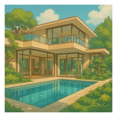 stunning luxury home with large windows and an indoor pool, elegant modern architecture, lush landscaping, ghibli style sticker
