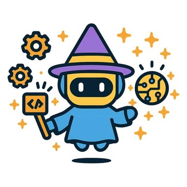 vector icon small AI wizard, gears levitating, code wand, circuit orb with automation magic sparks, minimal, futuristic, suitable for digital branding sticker