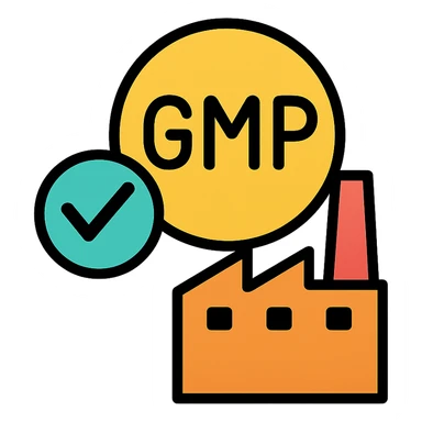 icon representing Good Manufacturing Practices (GMP) for supplement product labels, featuring a checkmark, a factory, and a circular badge, clean and professional style sticker