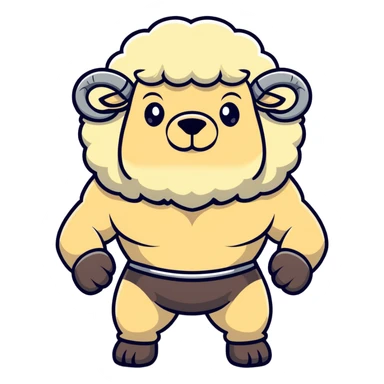 buff sheep, bodybuilder pose, fluffy wool, bold stance sticker