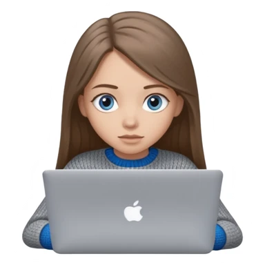 moji of a cute 3D girl with long straight brown hair and big blue eyes, wearing a grey knitted sweater. She is typing on a silver MacBook laptop, white background. sticker