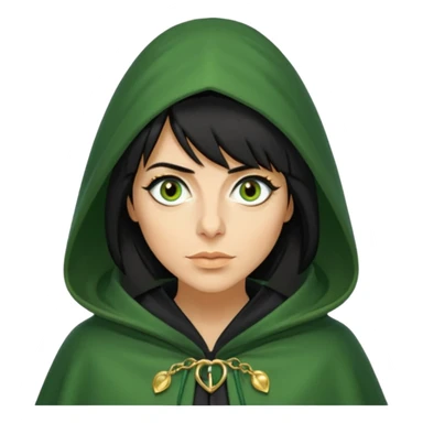 claudia winkleman as a traitor with a green hooded cloak with a gold clasp and dark black eyeliner sticker