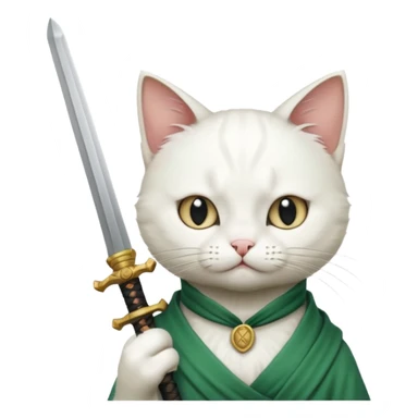 un gato blanco con reeferencia a rororoa zoro "una espada en cada mano y una en la boca" sticker