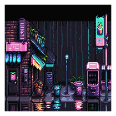 Pixel art urban street at night, side view, neon lights, vending machine, empty sidewalk, moody atmosphere, light rain reflections, trash bins, vertical 9:16 aspect ratio, Sega Genesis fighting game background
 sticker