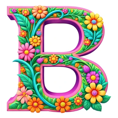 3D, gothic style psychedelic colored capital Letter R with hippie style flower border sticker