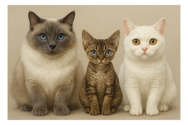 Group of three cats facing forward: leftmost is a big blue point Birman male with blue eyes, middle is a small brown tabby Devon Rex female with pale blue eyes, rightmost is a small white British Shorthair female with yellow eyes. sticker